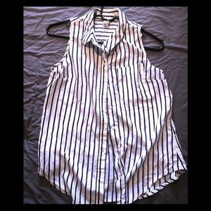 Navy blue and white striped collared button up